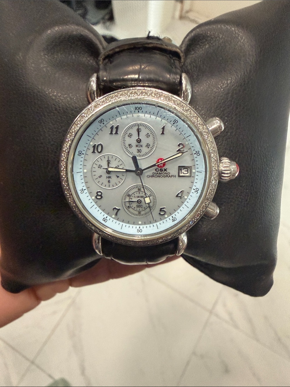 Michele Diamond Silver Case Light Blue Dial Black Strap Chronograph Watch